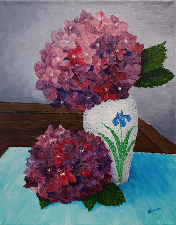 Hydrangeas in Pottery Vase